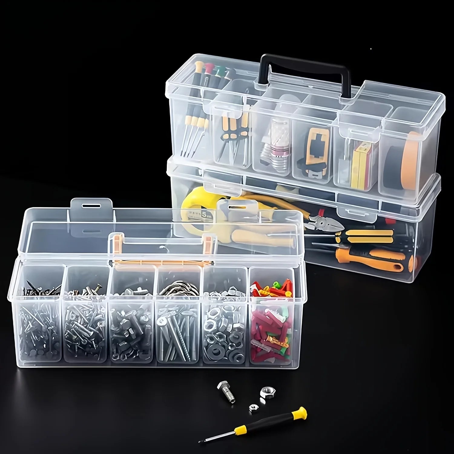 7-Piece Tool Parts Storage Set – 6 Small Boxes + 1 Large Box, Transparent
