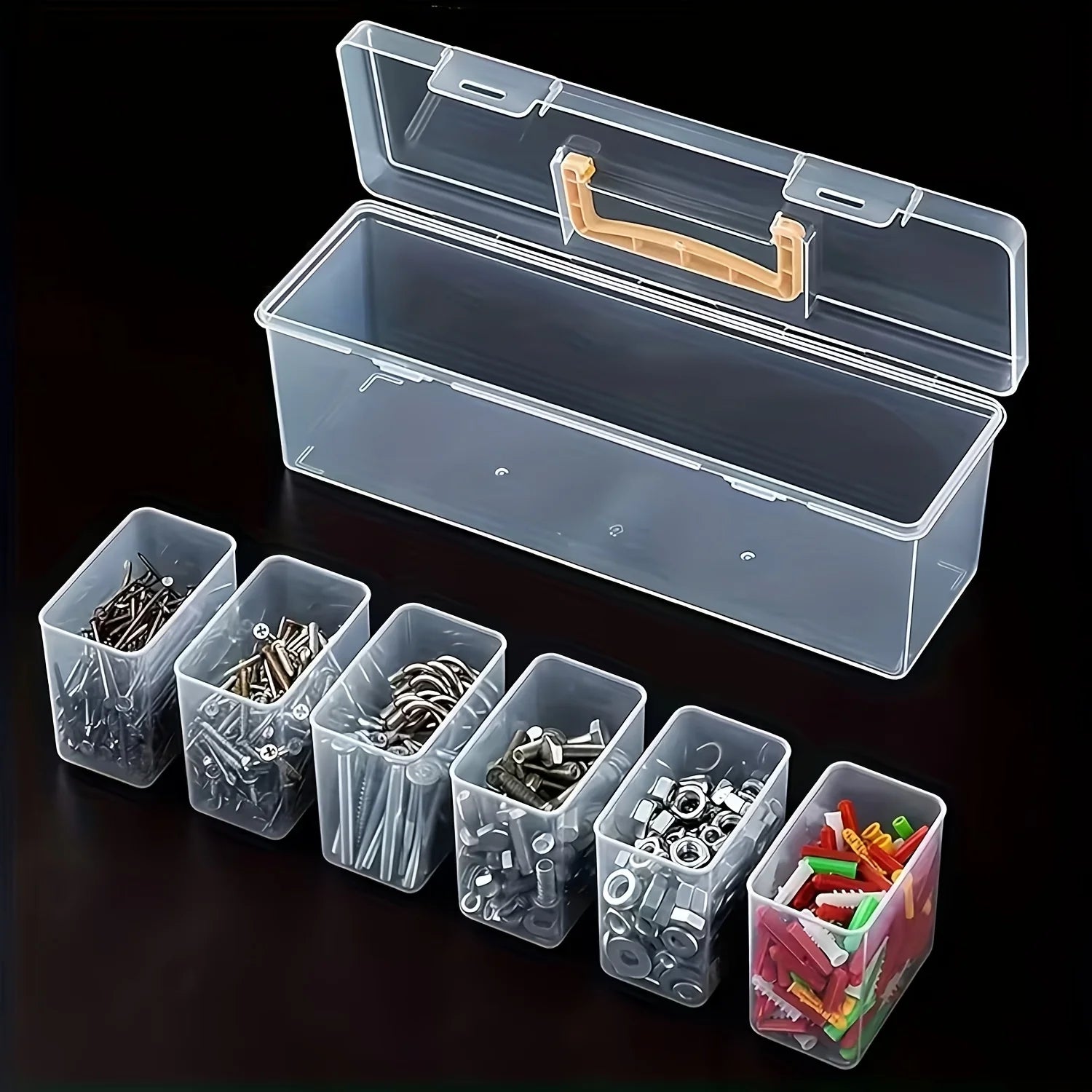 7-Piece Tool Parts Storage Set – 6 Small Boxes + 1 Large Box, Transparent